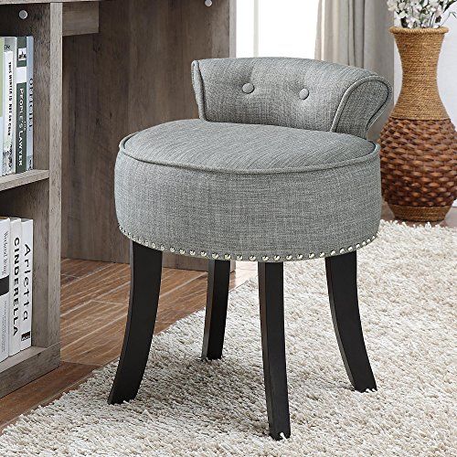 Inspired Home Taylor Grey Linen Vanity Stool – Nailhead Trim | Roll Inside Ivory Button Tufted Vanity Stools (View 1 of 20)