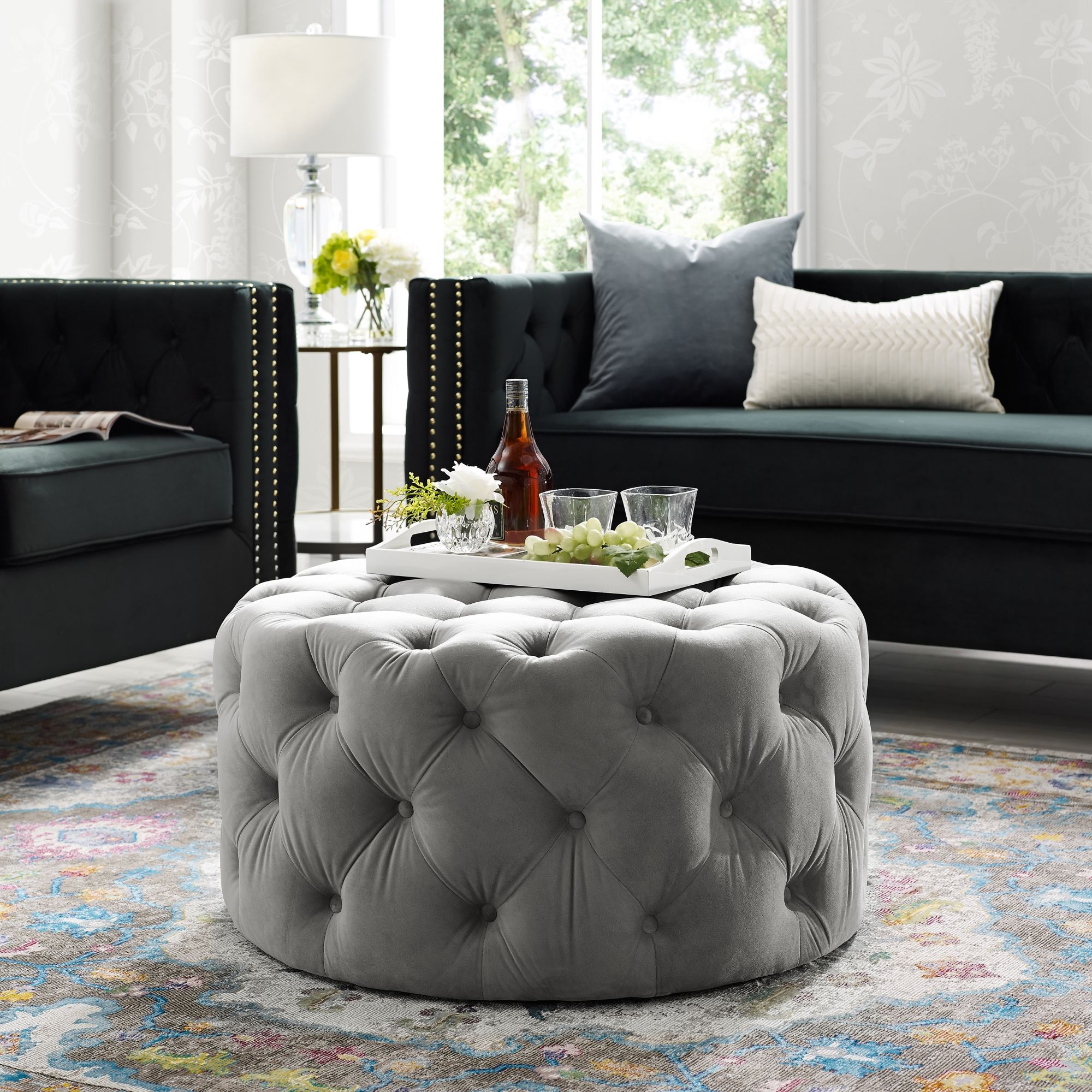 Inspired Home Tracy Velvet Cocktail Ottoman Allover Tufted Round For Smoke Gray  Round Ottomans (View 15 of 20)