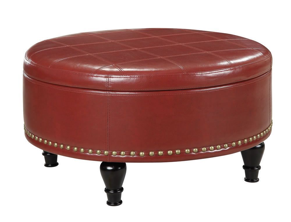 Inspiredbassett Augusta Crimson Red Round Storage Ottoman | Round Intended For Gold And White Leather Round Ottomans (View 14 of 20)