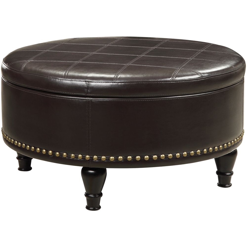 Inspiredbassett Augusta Round Mid Century Wood / Bonded Leather With Regard To Gold And White Leather Round Ottomans (View 1 of 20)