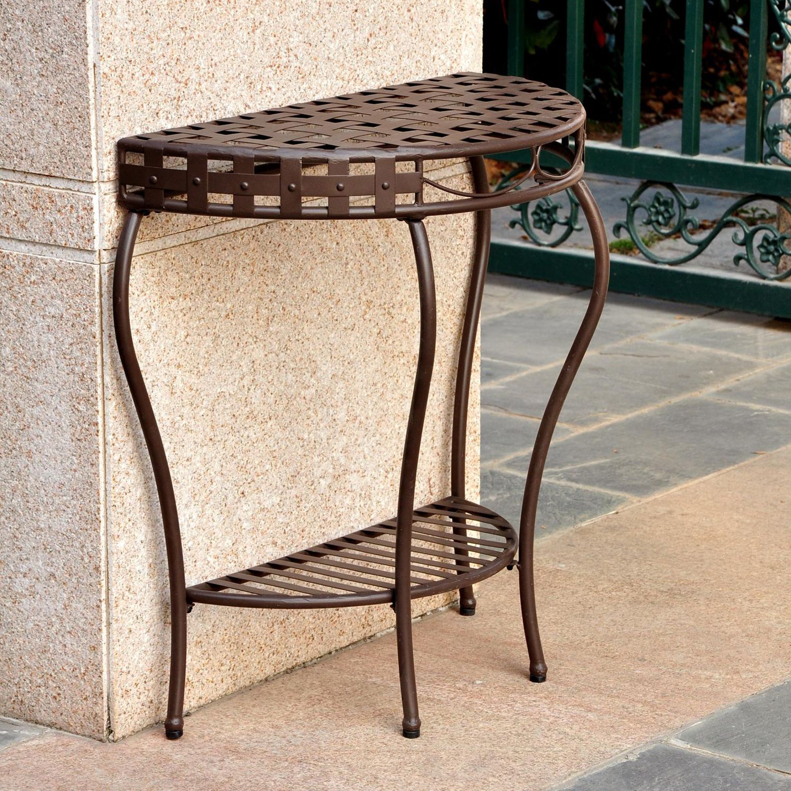 International Caravan Santa Fe Outdoor Half Moon Patio Console Table Throughout Antique Brass Aluminum Round Console Tables (View 2 of 20)