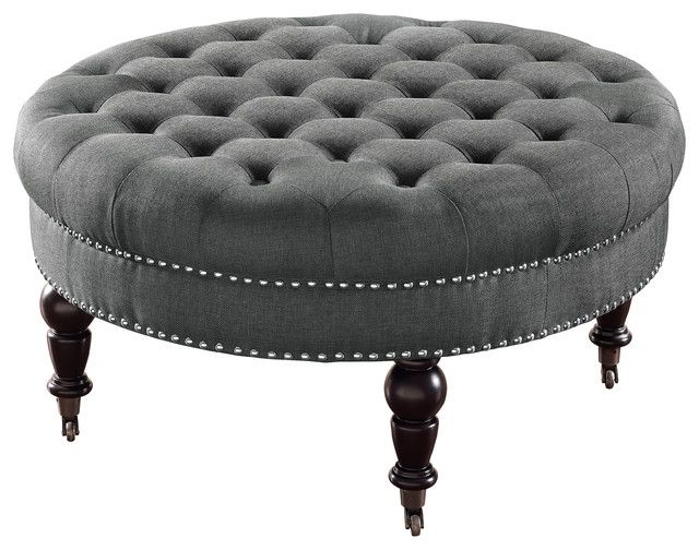 Isabelle Round Tufted Ottoman, Charcoal, 34.6"x34.6"x18.13 Pertaining To White And Beige Ombre Cylinder Pouf Ottomans (Gallery 19 of 20)