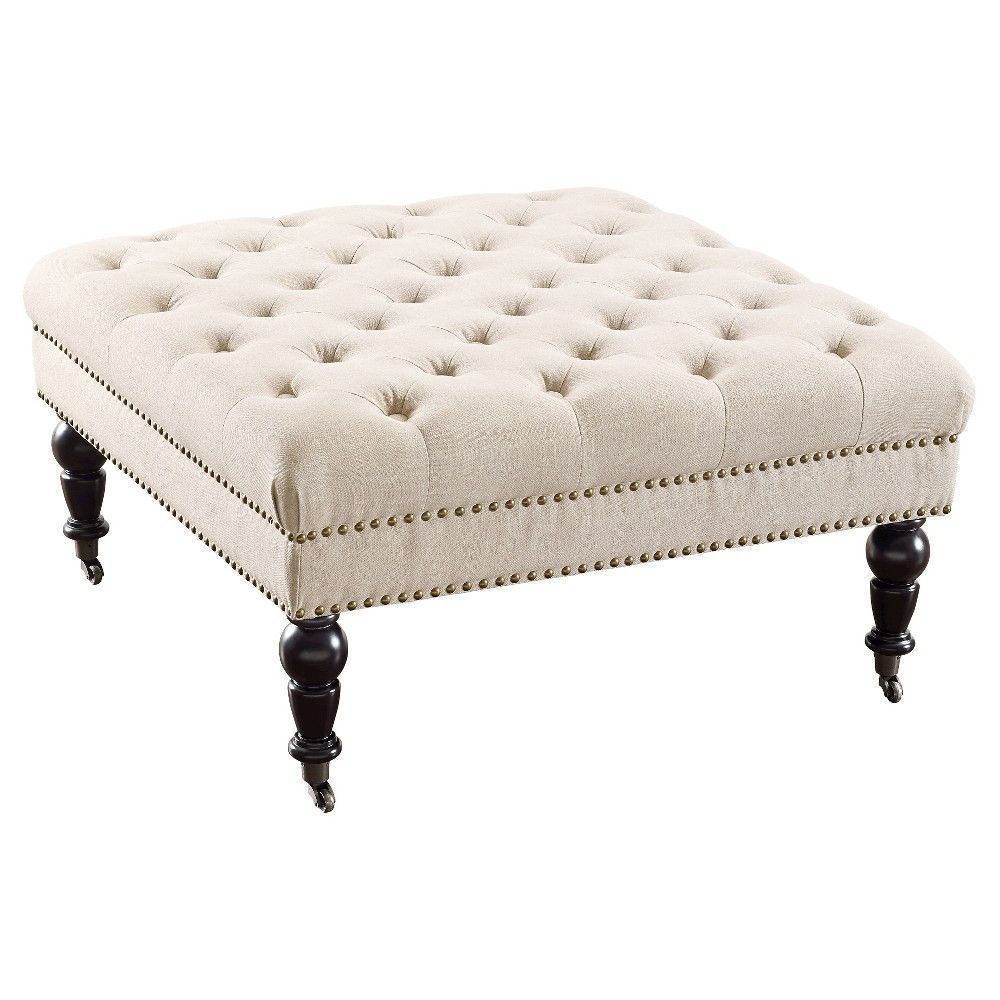 Isabelle Square Tufted Ottoman Natural – Linon | Square Tufted Ottoman Regarding Caramel Leather And Bronze Steel Tufted Square Ottomans (View 6 of 20)