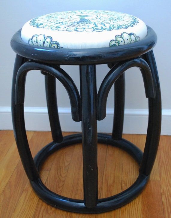 Items Similar To Vintage Round Black Rattan Ottoman With Peacock Fabric In Black And Off White Rattan Ottomans (View 18 of 19)