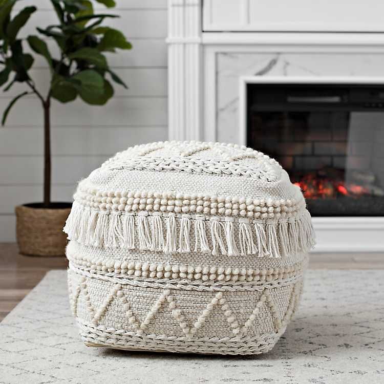 Ivory Braided And Wool Fringe Pouf | Kirklands | Pouf Ottoman Living For White Ivory Wool Pouf Ottomans (View 8 of 20)