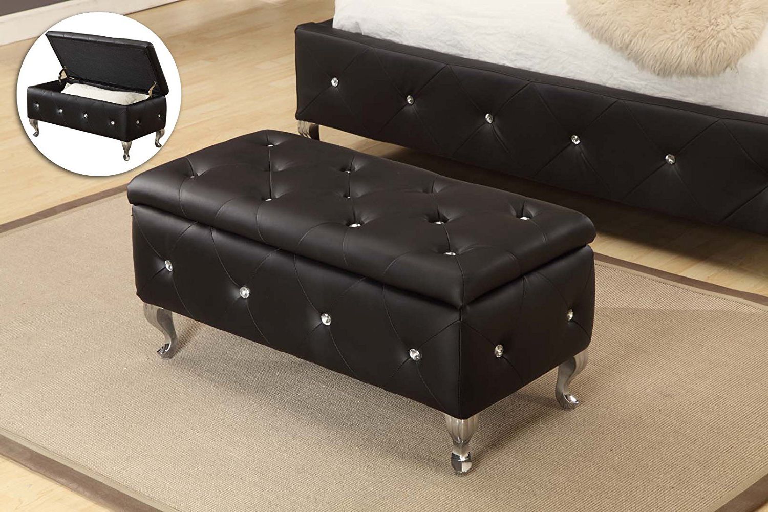 Jane Black Upholstered Faux Leather Transitional Storage Ottoman Bench For Black Faux Leather Storage Ottomans (View 2 of 20)