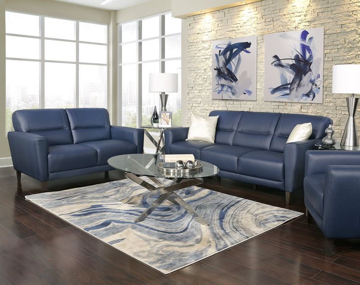 Jasper Blue 3 Piece Leather Living Room – Kane's Furniture | Blue Intended For 3 Piece Console Tables (View 17 of 20)