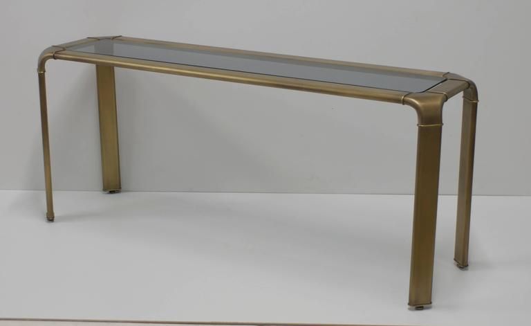 John Widdicomb Burnished Brass Console Table With Smoked Grey Glass At For Brass Smoked Glass Console Tables (View 14 of 20)