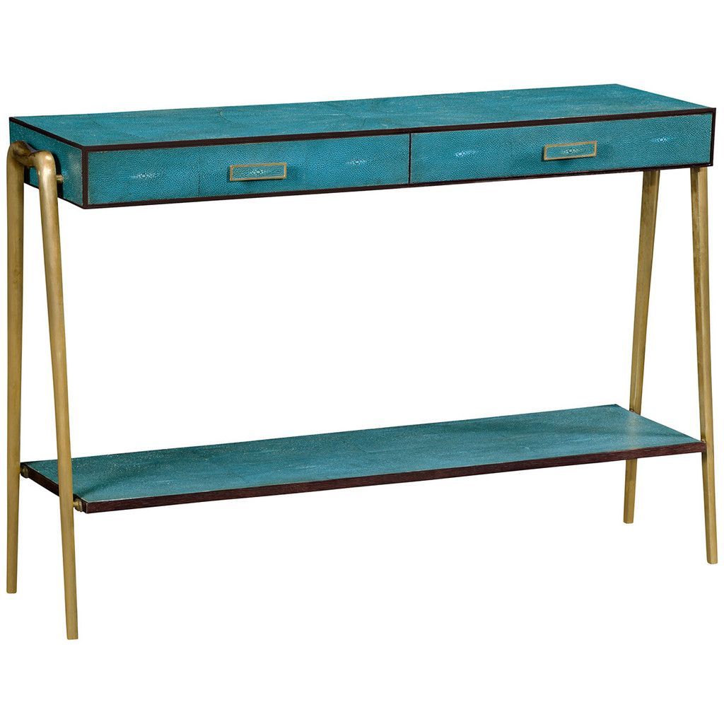 Jonathan Charles Teal Faux Shagreen And Legged Console | Shagreen Intended For Faux Shagreen Console Tables (View 4 of 20)