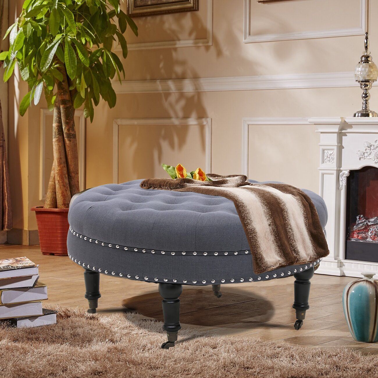 Jordin 34" Wide Tufted Round Cocktail Ottoman | Cocktail Ottoman With Regard To Smoke Gray  Round Ottomans (View 14 of 20)