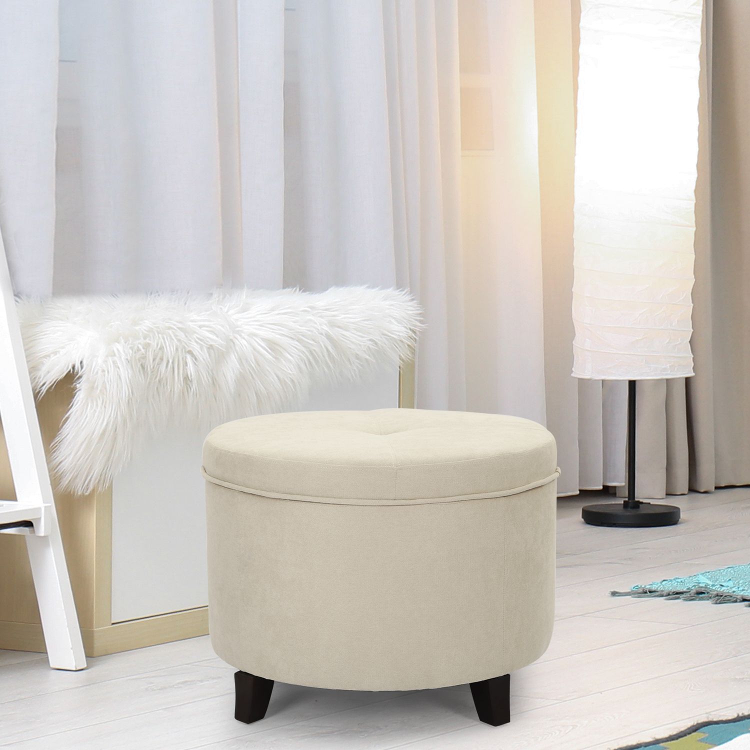 Joveco Round Storage Ottoman Footrest, Button Tufted Fabric Footstool With Regard To Cream Fabric Tufted Round Storage Ottomans (View 6 of 20)