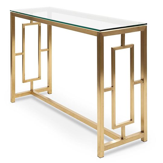 Kater Glass Console Table – Brushed Gold Base – Cassa Vida In Square Black And Brushed Gold Console Tables (View 5 of 20)