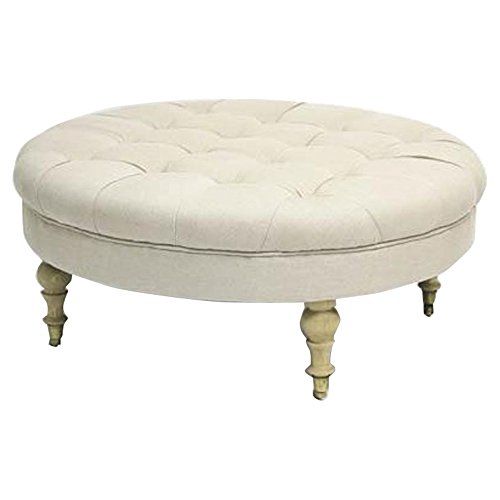 Kathy Kuo Home French Country Round Linen Tufted Coffee Table Ottoman In French Linen Black Square Ottomans (View 3 of 20)
