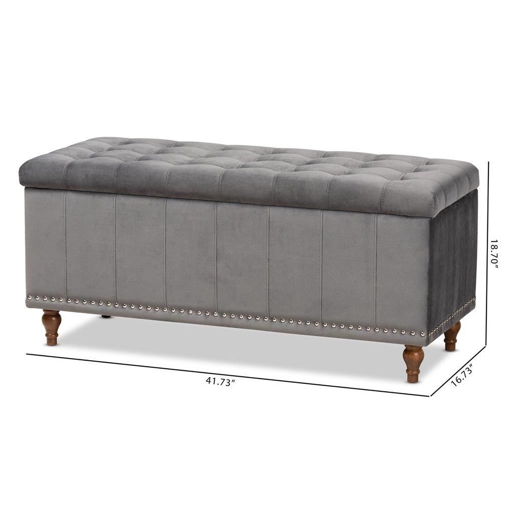 Kaylee Modern And Contemporary Grey Velvet Fabric Upholstered Button For Gray Velvet Ribbed Fabric Round Storage Ottomans (View 8 of 20)