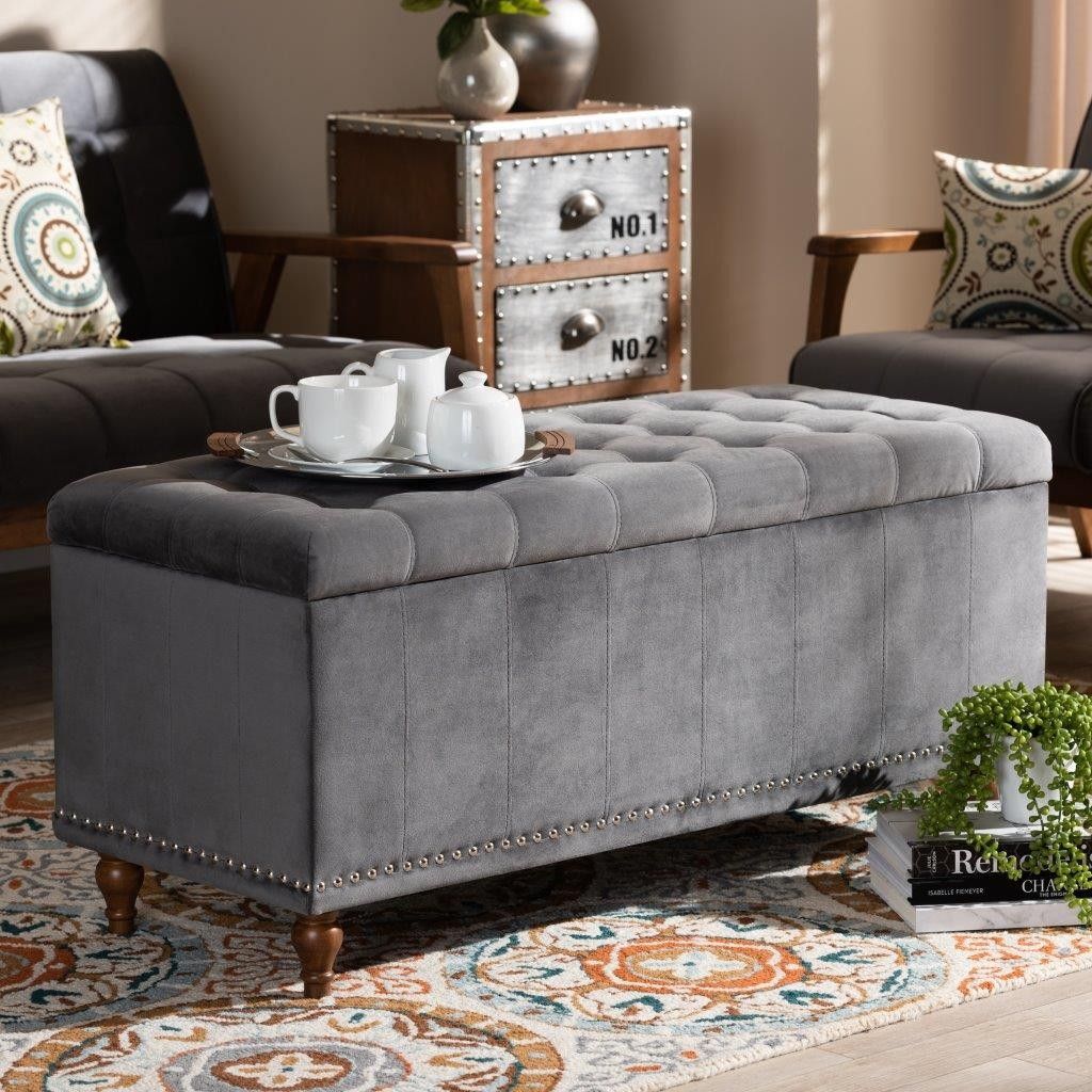 Kaylee Modern And Contemporary Grey Velvet Fabric Upholstered Button Inside Gray Velvet Ribbed Fabric Round Storage Ottomans (Gallery 19 of 20)