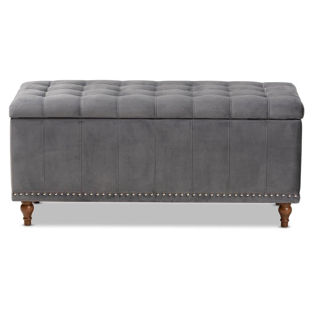 Kaylee Modern And Contemporary Grey Velvet Fabric Upholstered Button Inside Gray Velvet Ribbed Fabric Round Storage Ottomans (View 16 of 20)