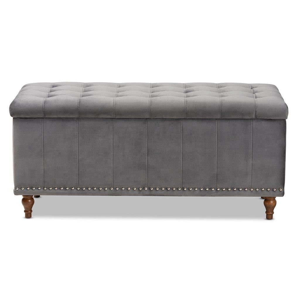 Kaylee Modern And Contemporary Grey Velvet Fabric Upholstered Button Pertaining To Charcoal Gray Velvet Tufted Rectangular Ottoman Benches (View 3 of 19)