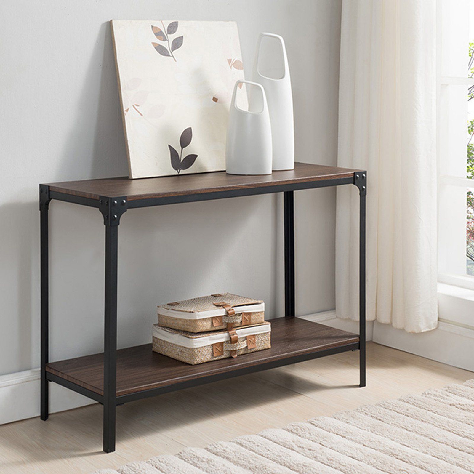 K&b Furniture Black Metal And Walnut Console Table | Metal Console Intended For Black Wood Storage Console Tables (View 6 of 20)