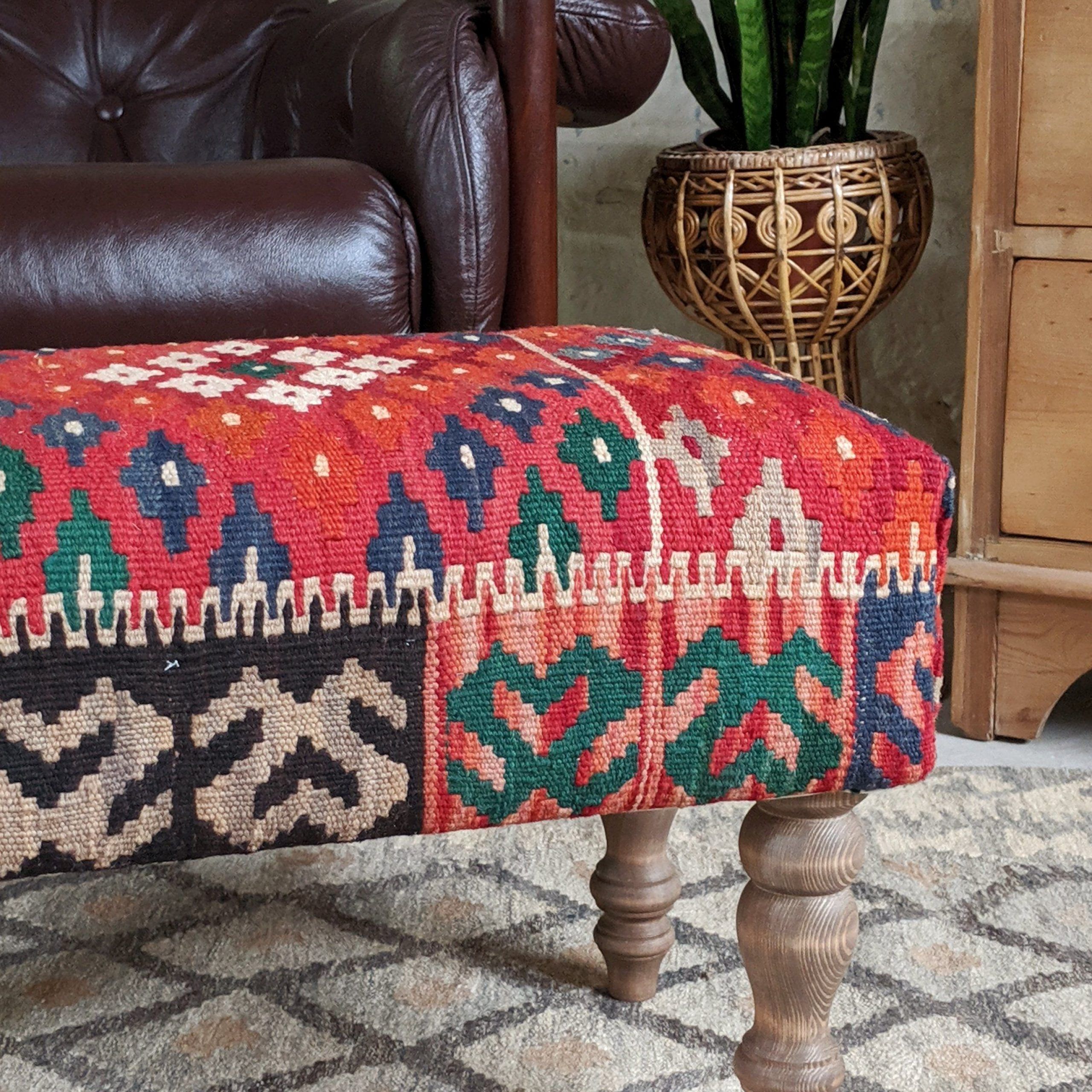 Kilim Footstool – Handmade Red Kilim Wool Rug Ottoman Stool On Turned Pertaining To Stone Wool With Wooden Legs Ottomans (View 7 of 20)