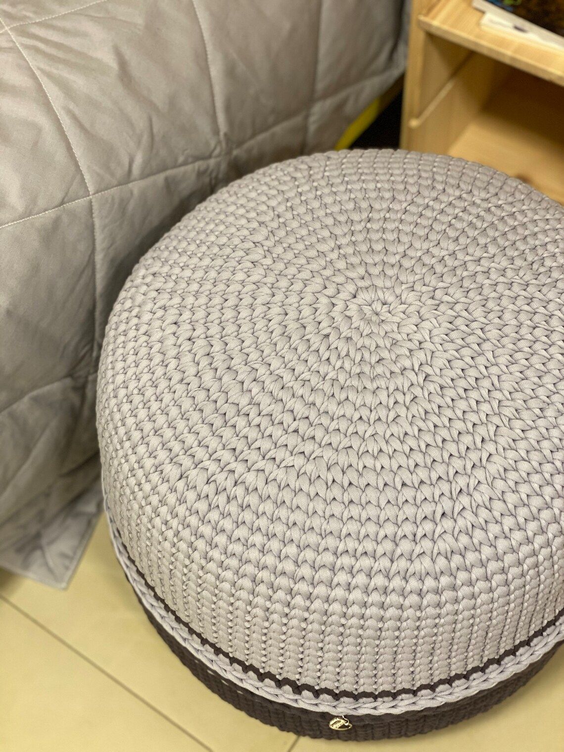 Knitted Cotton Soft Gray Ottoman For Extra Seating And Fun | Etsy Within Charcoal And Light Gray Cotton Pouf Ottomans (View 10 of 20)