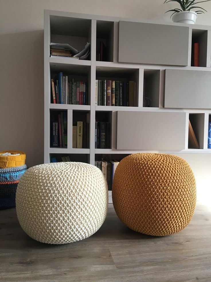 Knitted Ivory/mustard Pouf White Pouf Stuffed Pouf Ottoman | Etsy In Pertaining To White Ivory Wool Pouf Ottomans (View 4 of 20)