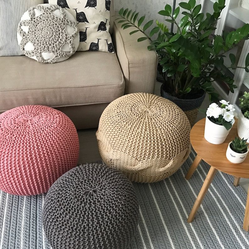Knitted Pouf And Ottoman Crochet Poufs Many Colors And Size | Etsy Throughout Cream Cotton Knitted Pouf Ottomans (View 19 of 20)