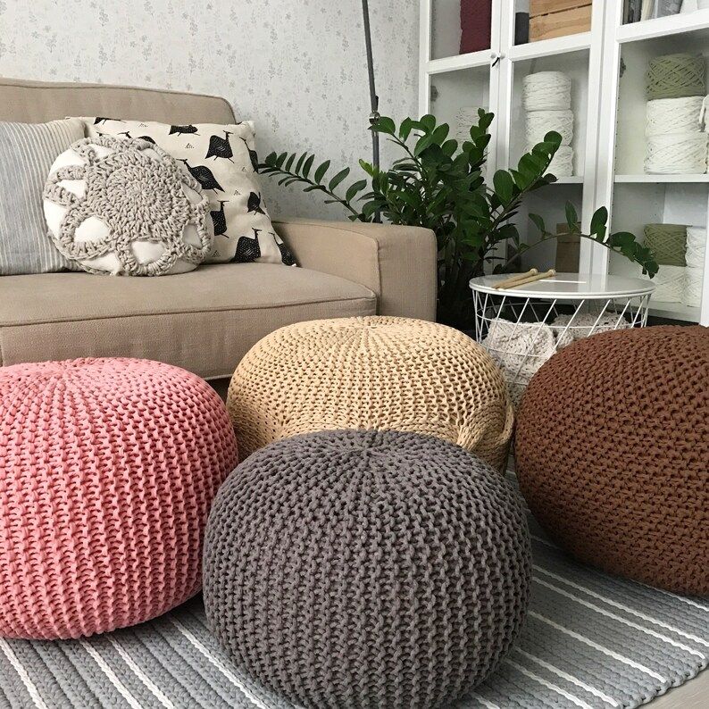 Knitted Pouf And Ottoman Crochet Poufs Many Colors And Size | Etsy Throughout Cream Cotton Knitted Pouf Ottomans (View 2 of 20)