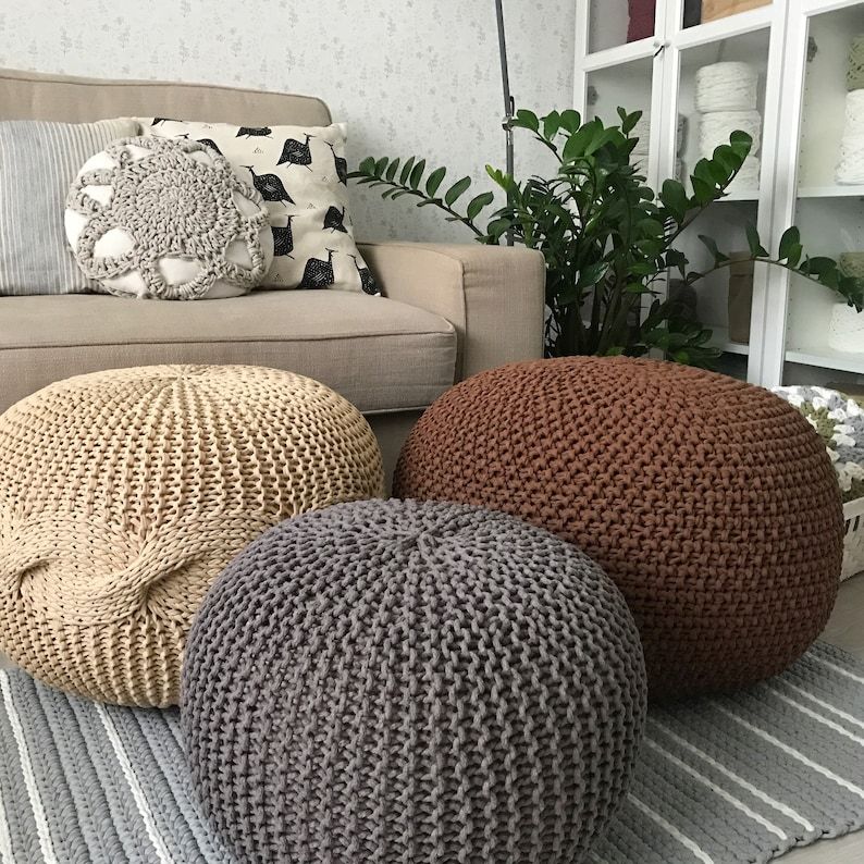 Knitted Pouf And Ottoman Crochet Poufs Many Colors And Size | Etsy With Cream Cotton Knitted Pouf Ottomans (View 4 of 20)