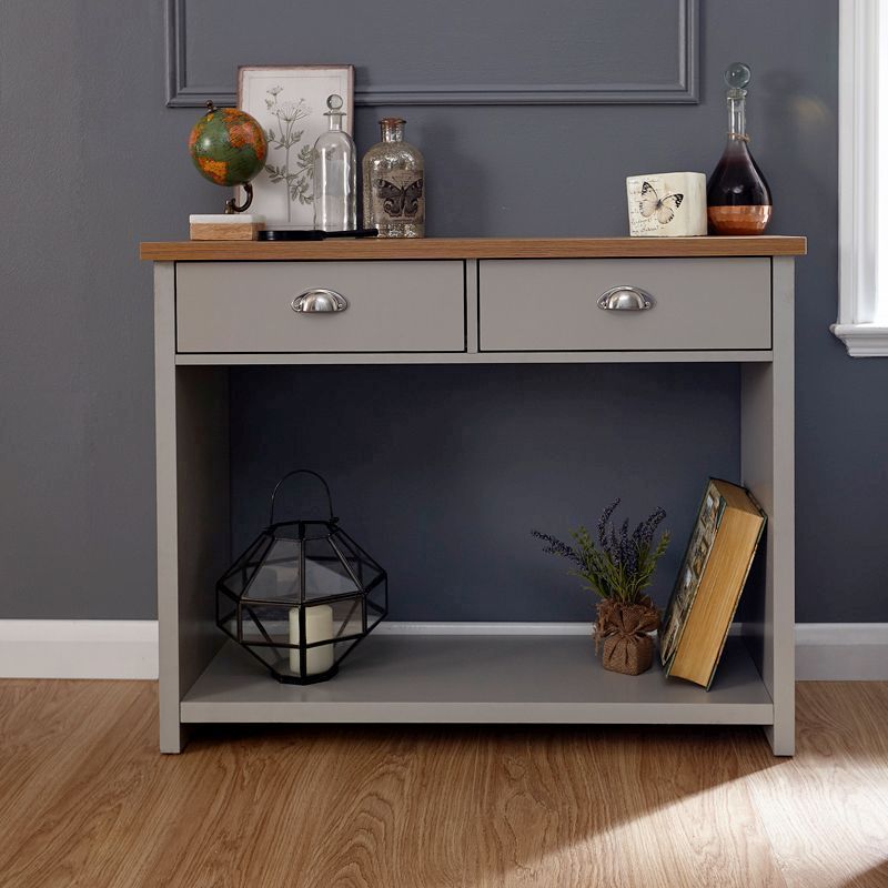 Lancaster Console Table Grey & Oak 1 Shelf 2 Drawer – Buy Online At Qd Intended For Metal And Oak Console Tables (View 2 of 20)