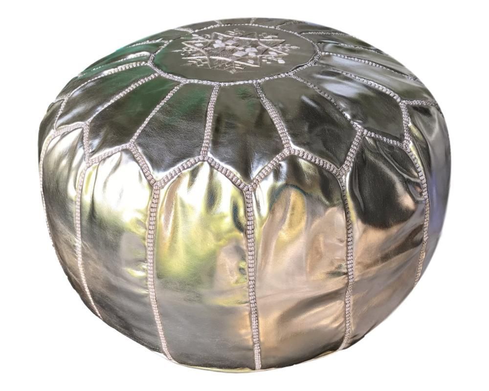 Large Authentic Silver Moroccan Leather Pouf Ottoman Footstool Stuffed Pertaining To Weathered Silver Leather Hide Pouf Ottomans (View 12 of 20)