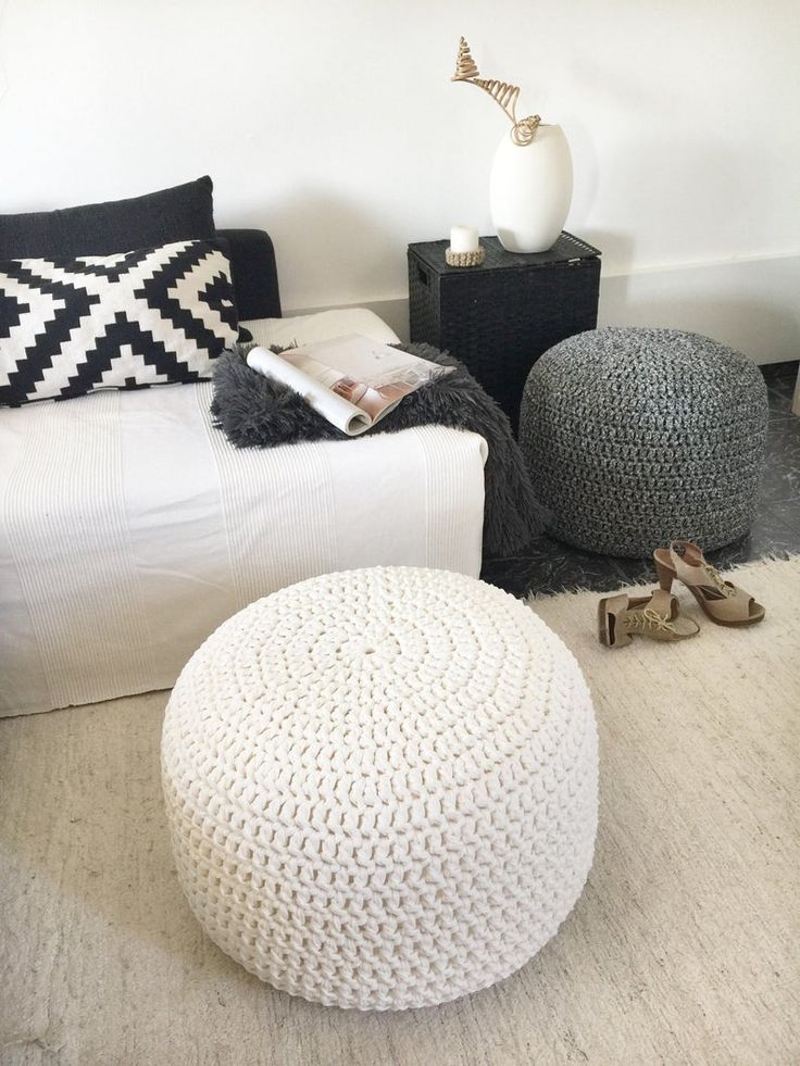 Large Cream Round Pouf Ottoman – 24 Inch Footstool Pouffe | Crochet Regarding Cream Cotton Knitted Pouf Ottomans (View 6 of 20)