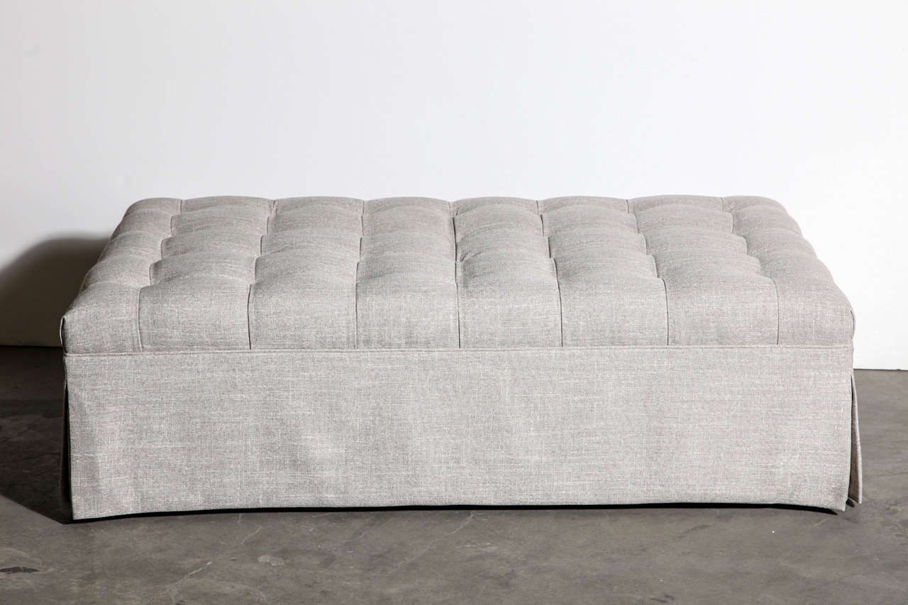 Large Custom Tufted Ottoman In New Nate Berkus Linen At 1stdibs Throughout Orange Fabric Nail Button Square Ottomans (View 6 of 20)