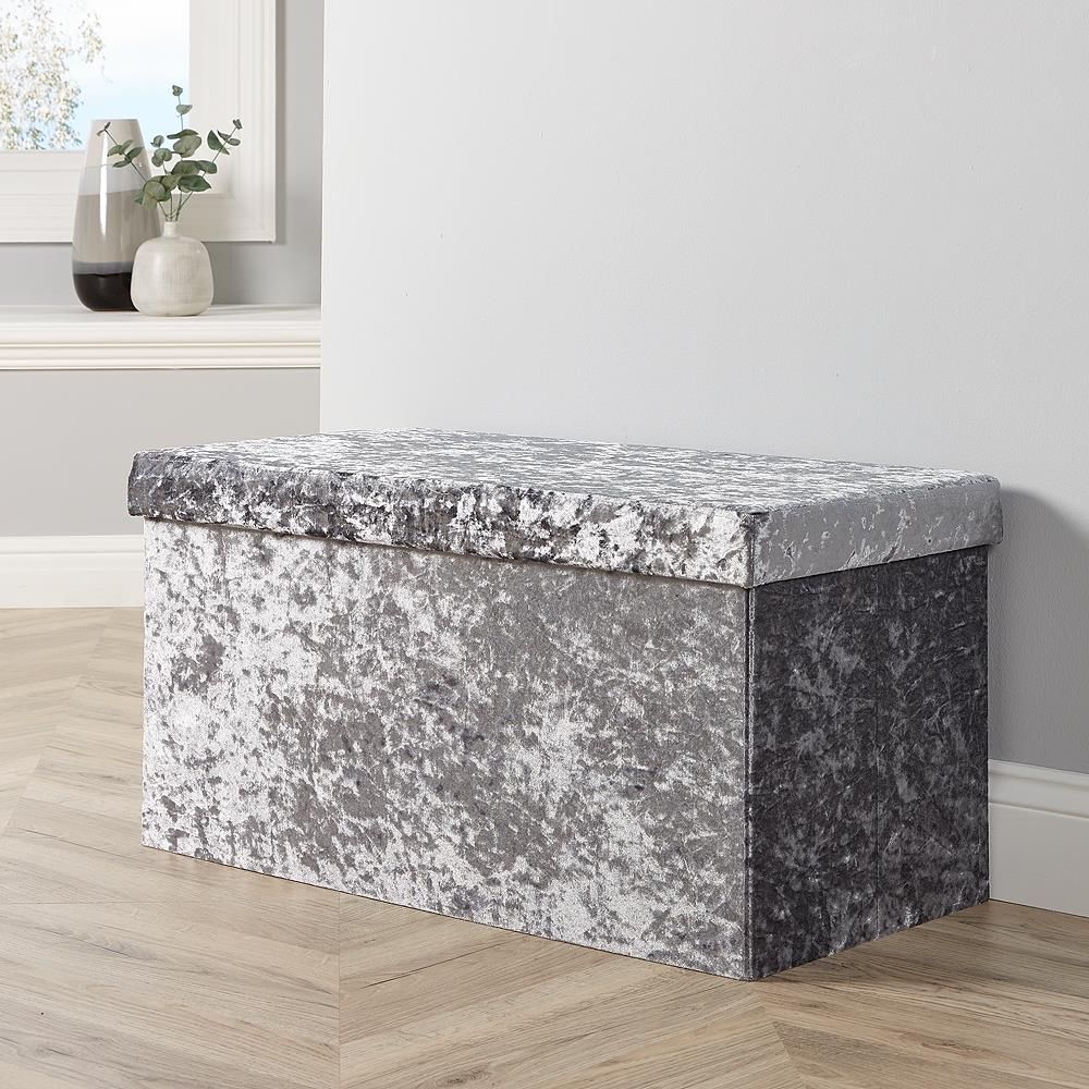 Large Folding Ottoman Grey Ice Velvet Fabric Chest Storage Space Saving With Regard To Gray Velvet Ribbed Fabric Round Storage Ottomans (Gallery 20 of 20)