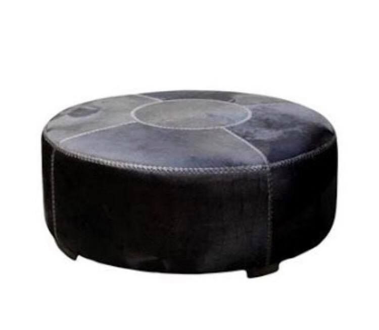Large Round Cowhide Ottoman – Black – Loft Furniture Throughout White Large Round Ottomans (View 20 of 20)