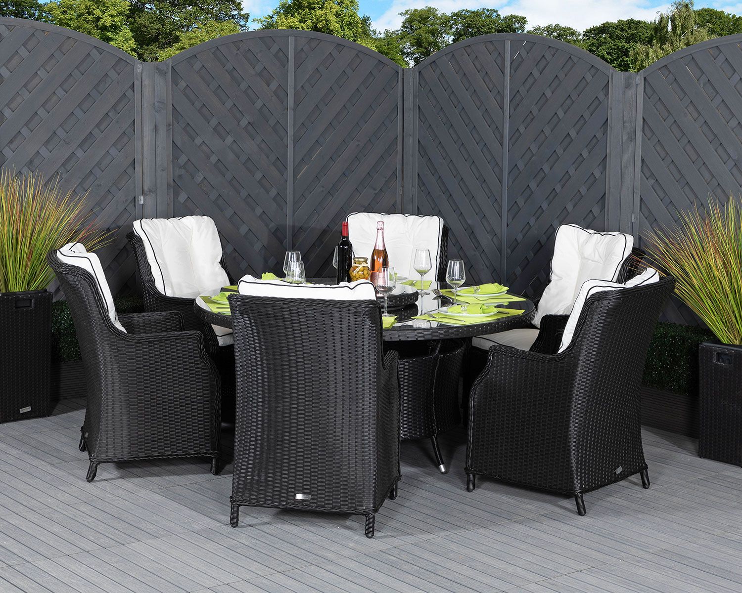 Large Round Rattan Garden Table & 6 Chairs In Black & White – Riviera With Black And Tan Rattan Console Tables (View 17 of 20)