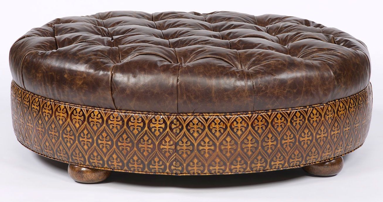 Large Round Tufted Leather Ottoman. American Furniture (View 1 of 20)