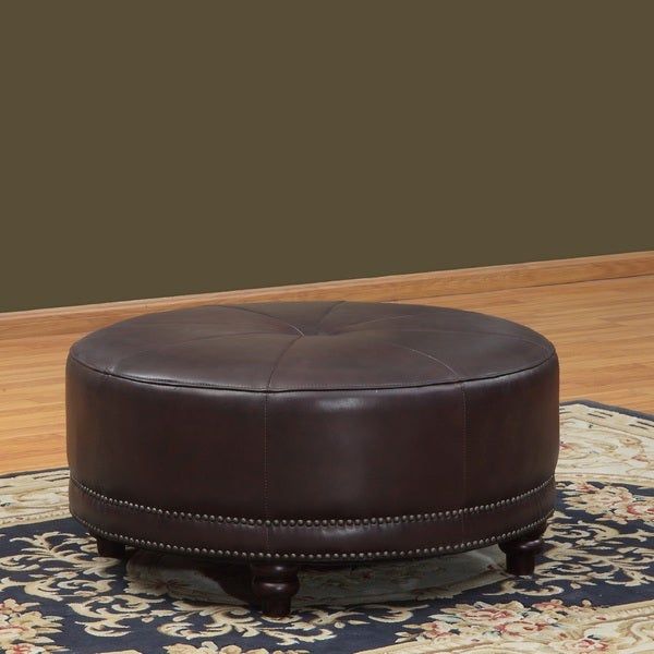 Lazzaro Leather Cindy Round Leather Ottoman – 17307695 – Overstock In Brown And Ivory Leather Hide Round Ottomans (View 1 of 20)