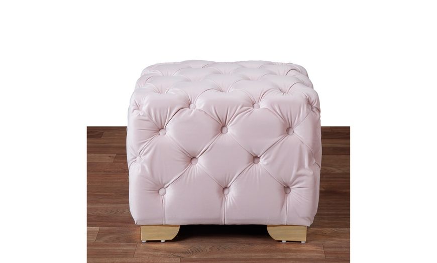 Lea Luxe And Glam Velvet Fabric Gold Accents Tufted Cube Ottoman | Groupon For Glam Light Pink Velvet Tufted Ottomans (View 15 of 20)