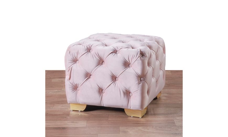 Lea Luxe And Glam Velvet Fabric Gold Accents Tufted Cube Ottoman | Groupon For Glam Light Pink Velvet Tufted Ottomans (View 6 of 20)