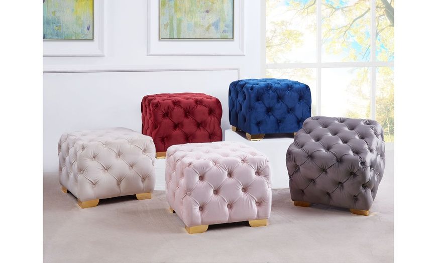 Lea Luxe And Glam Velvet Fabric Gold Accents Tufted Cube Ottoman | Groupon For Gold Chevron Velvet Fabric Ottomans (View 10 of 20)