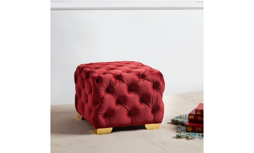 Lea Luxe And Glam Velvet Fabric Gold Accents Tufted Cube Ottoman | Groupon Within Glam Light Pink Velvet Tufted Ottomans (View 13 of 20)