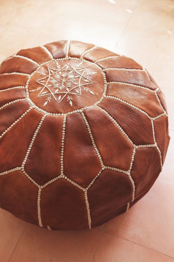 Leather Moroccan Pouf Tan / Brownshkoon On Etsy | Leather Pouf Inside Brown Leather Tan Canvas Pouf Ottomans (View 3 of 20)