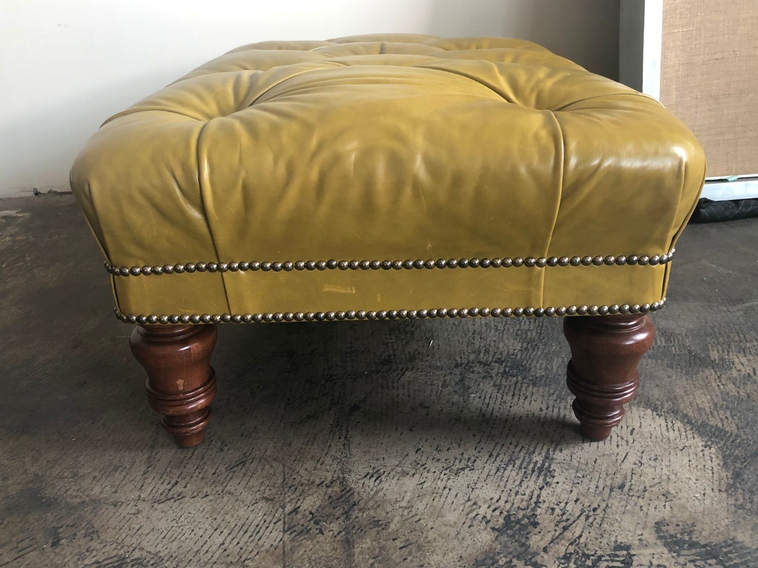 Leather Tufted Ottoman With Silver Nailheads • The Local Vault Inside Weathered Silver Leather Hide Pouf Ottomans (View 16 of 20)