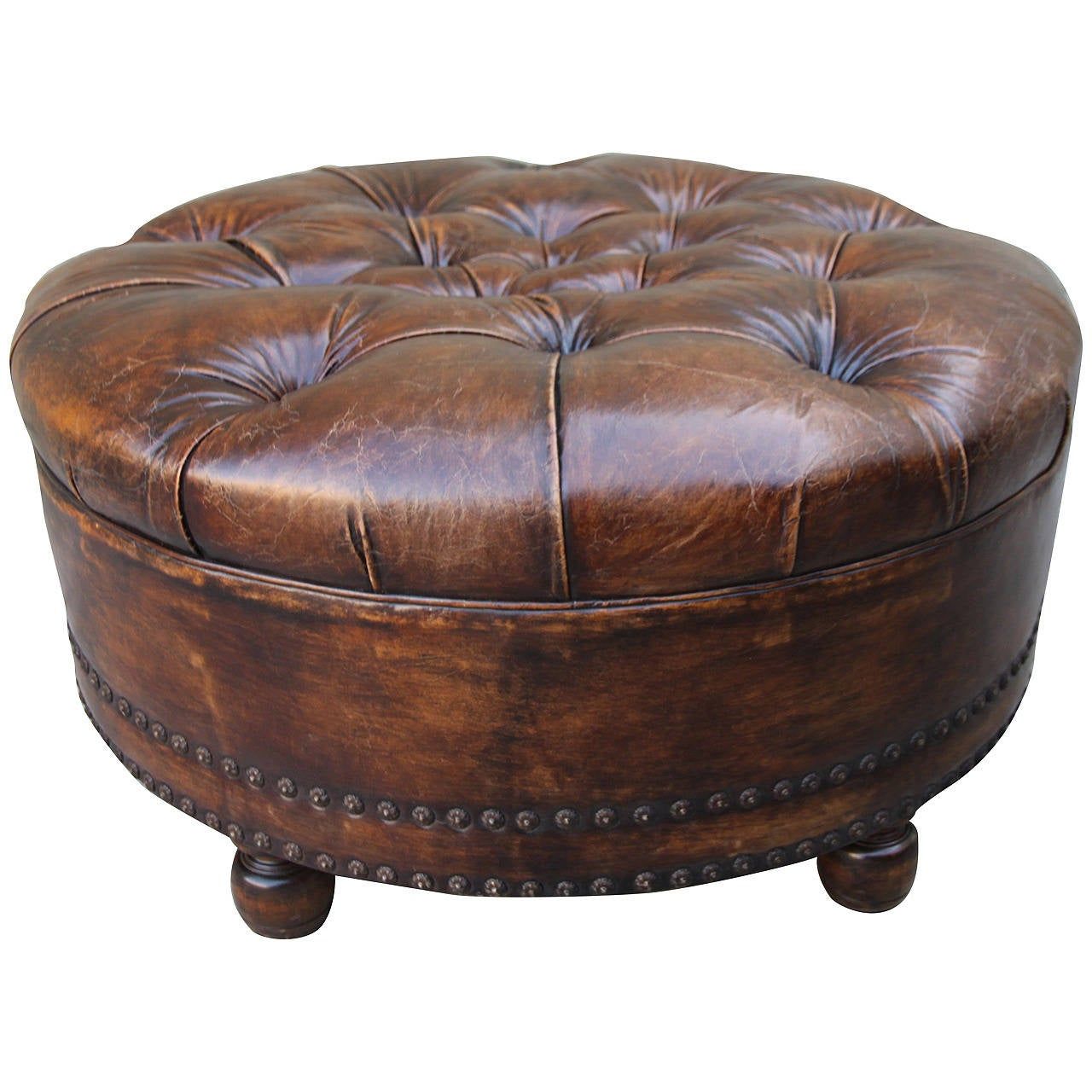 Leather Tufted Round Ottoman At 1stdibs Within Black Leather Ottomans (View 17 of 20)