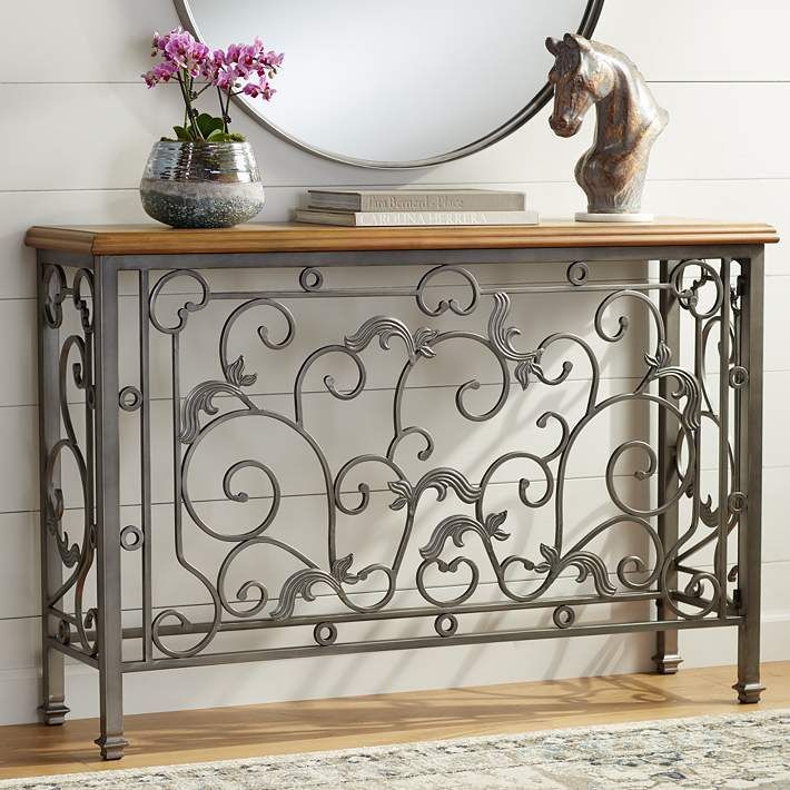 Leda 50 1/2" Wide Antique Pewter And Elm Wood Console Table – #32m62 Inside Glass And Pewter Console Tables (View 1 of 20)