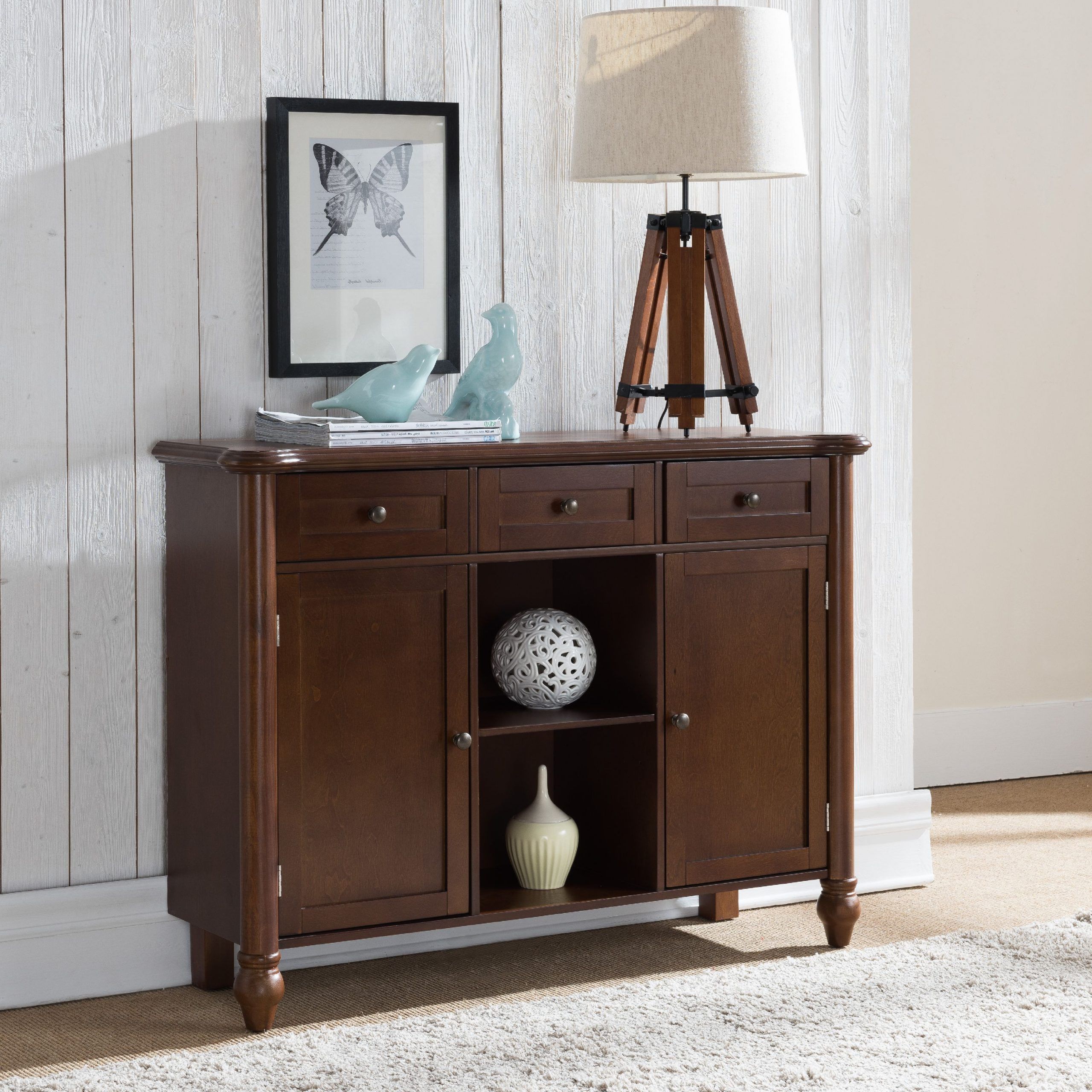 Levi Walnut Wood Transitional Sideboard Buffet Console Display Table Inside 3 Piece Shelf Console Tables (View 2 of 20)