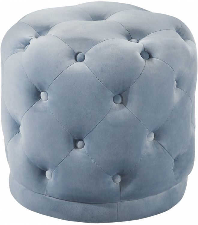 Light Blue Round Velvet Tufted Ottoman Footstool With Regard To Light Blue Cylinder Pouf Ottomans (View 1 of 20)