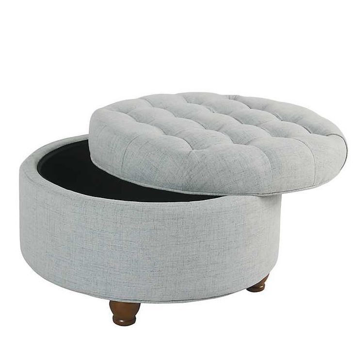 Light Blue Tufted Round Storage Ottoman | Kirklands | Round Storage Pertaining To Natural Solid Cylinder Pouf Ottomans (View 16 of 20)