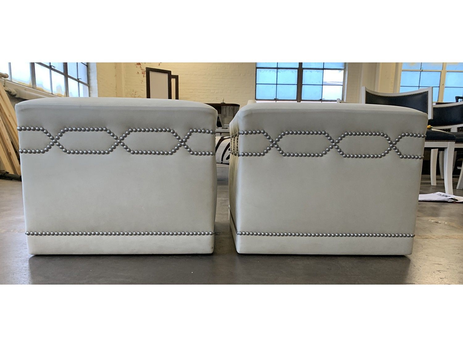 Light Grey Soft Leather Cube Ottoman With Nailhead, Pair • The Local Vault Intended For Light Blue And Gray Solid Cube Pouf Ottomans (View 2 of 20)