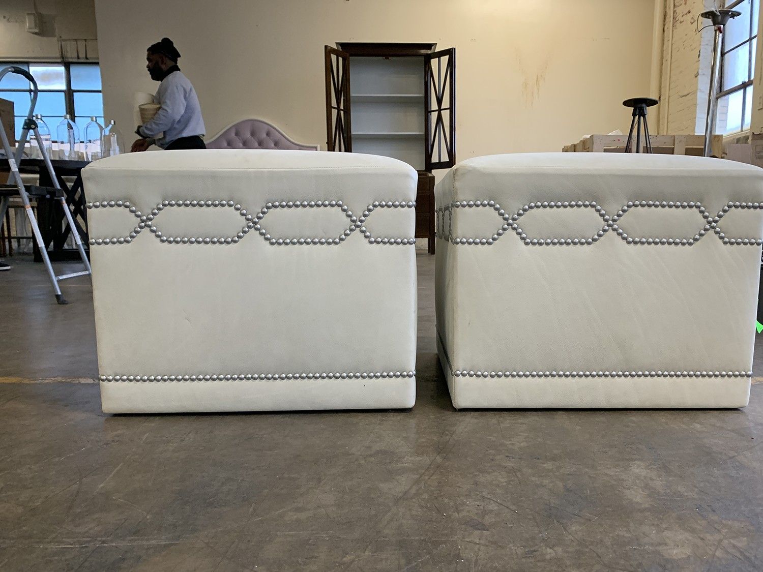 Light Grey Soft Leather Cube Ottoman With Nailhead, Pair • The Local Vault Throughout Light Blue And Gray Solid Cube Pouf Ottomans (View 8 of 20)